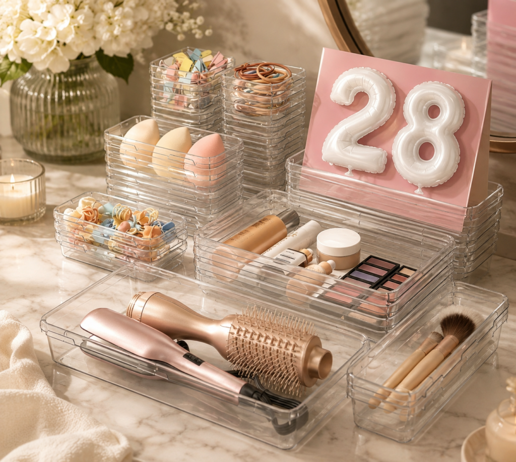 Clear acrylic drawer organizer set neatly arranged on a marble vanity with makeup, beauty tools, hair accessories, brushes, and cosmetics in a warm, elegant dressing area.