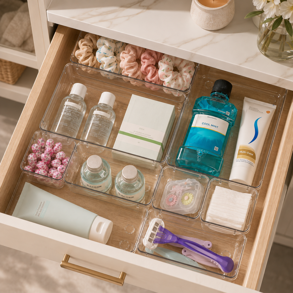 Clear acrylic drawer organizer set neatly arranged inside a light wood bathroom vanity drawer, organizing skincare, toiletries, cosmetics, hair accessories, cotton pads, and razors for a clean, spa-inspired look.