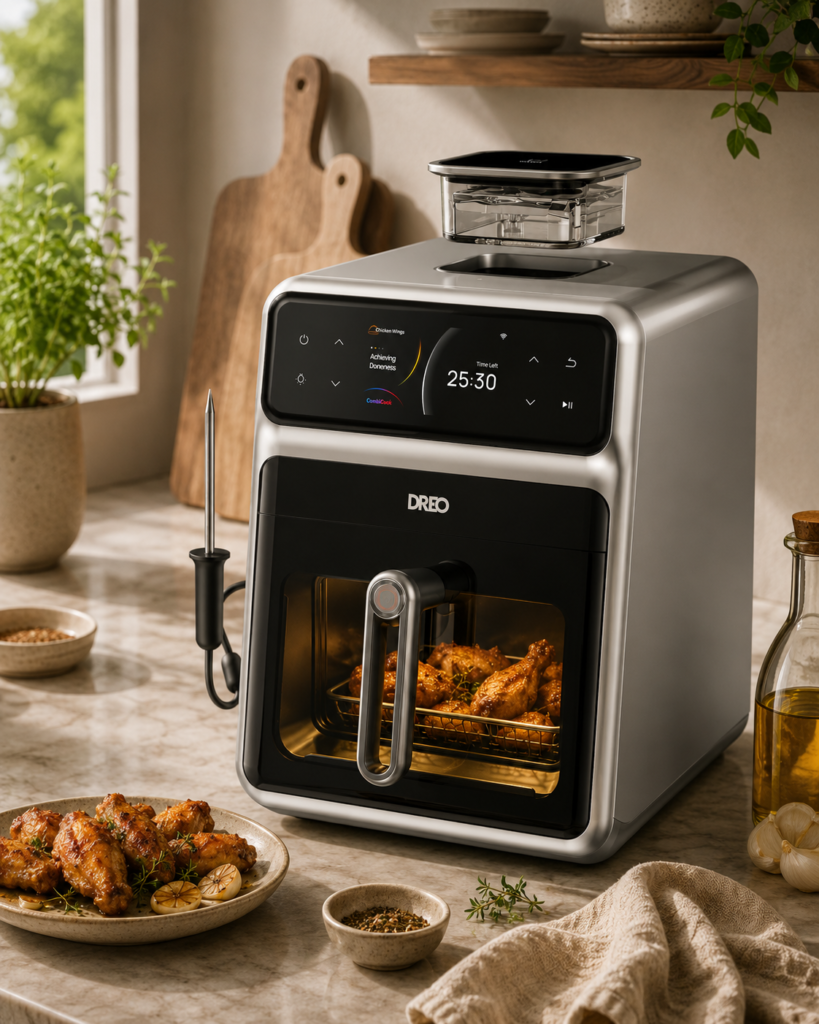 Dreo smart air fryer oven with touchscreen display, glass door, and cooking accessories
