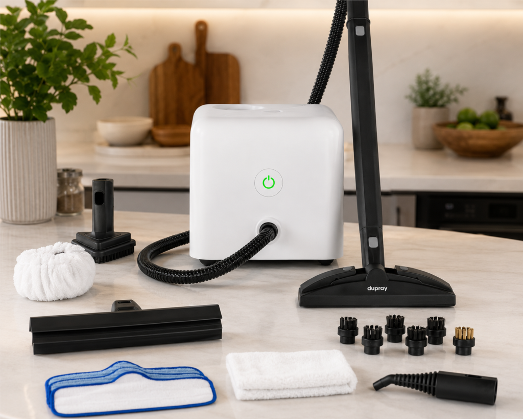 Dupray Neat Steam Cleaner for Home The Dupray steamer is presented in a calm, aspirational kitchen setting with its accessories arranged naturally around it.