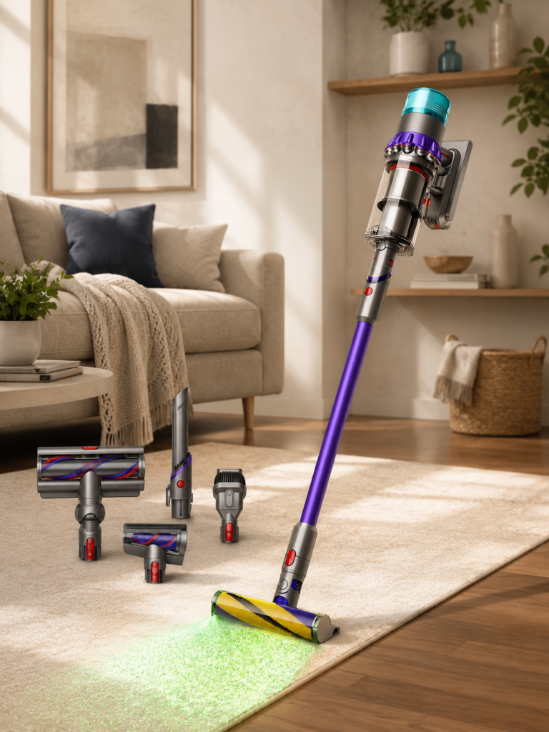 Dyson Gen5detect Cordless Vacuum The vacuum is styled in an inviting living-room setting that makes everyday cleaning feel naturally part of home life.
