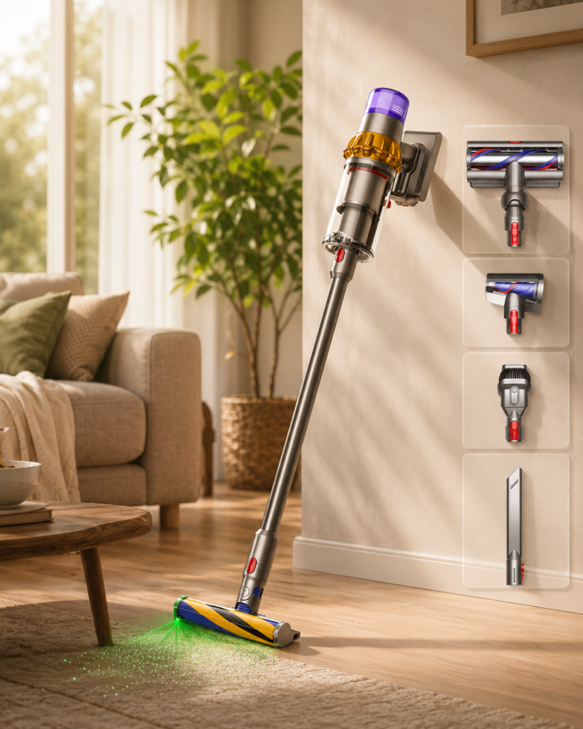 Dyson cordless stick vacuum with cleaner head and multiple attachments