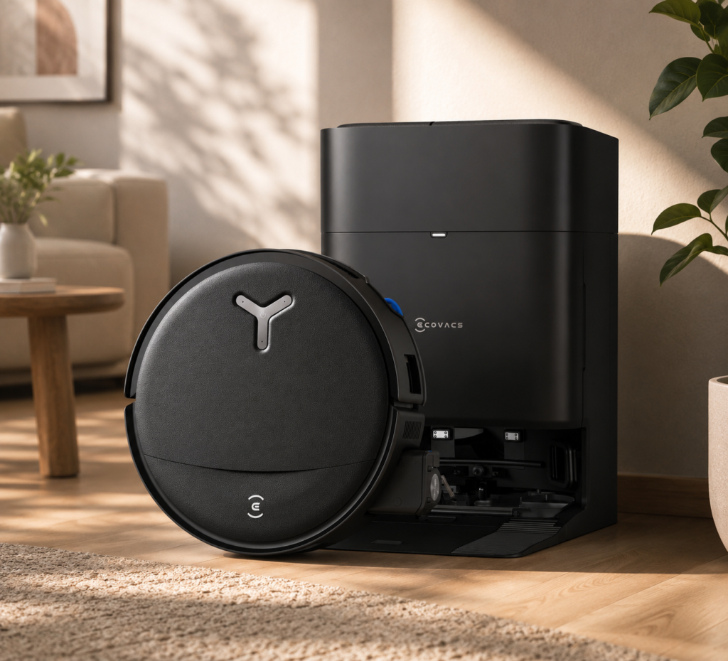 ECOVACS DEEBOT T80S Omni Robot Vacuum and Mop Black ECOVACS robot vacuum positioned beside its matching auto-empty station in a warm, sunlit modern living room with wood flooring, a textured rug, and soft greenery.
