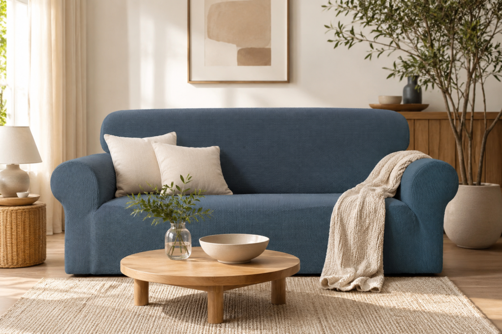 Blue sofa slipcover styled in a comfortable, modern living room