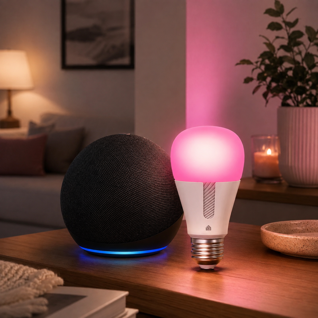 Echo Dot (5th Gen A cozy modern living room scene featuring a black fabric smart speaker with a blue light ring beside a pink-glowing smart bulb on a warm wooden table, softly illuminated by ambient lamps and candlelight.
