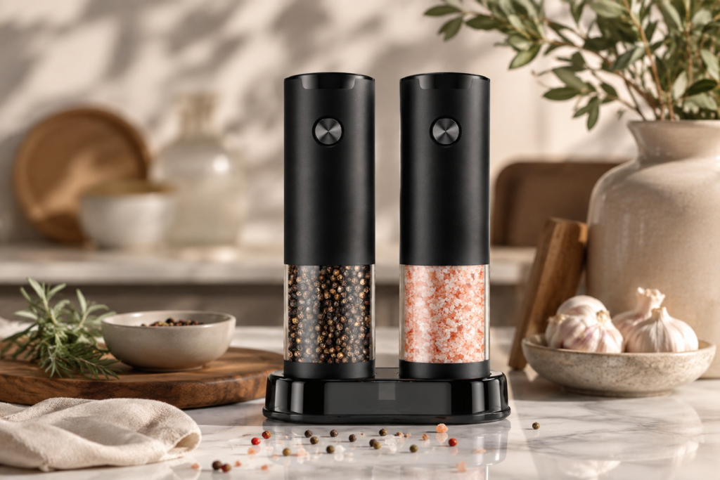 Black electric salt and pepper grinders displayed on a stylish kitchen counter with spices
