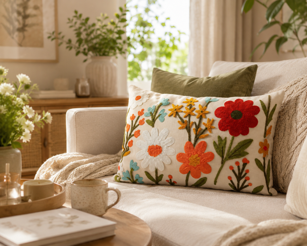 Embroidered Lumbar Pillow Cover A cozy lifestyle scene now showcases the embroidered floral lumbar pillow naturally in an inviting living room.