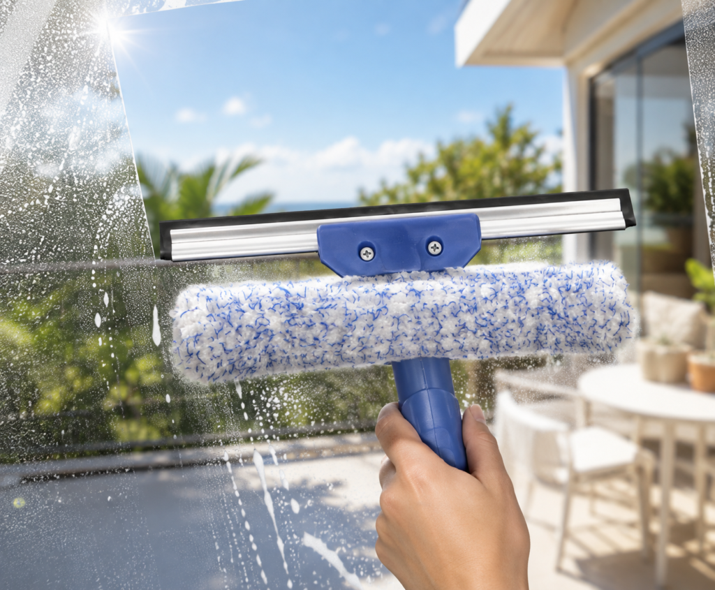 The image presents the Ettore Complete Window Washer in a bright, aspirational home setting with a clean, lived-in feel.