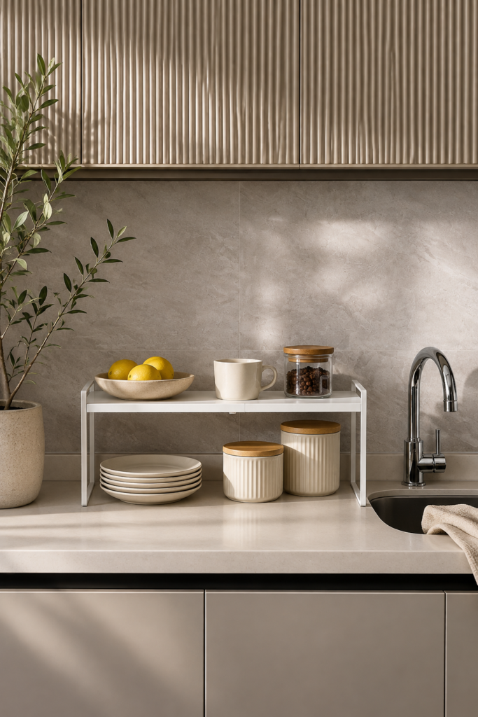 Expandable Shelf for Cabinets, Cabinet Shelf Riser Expandable white cabinet shelf riser styled in a warm minimalist kitchen, displaying plates, ceramic canisters, lemons, and coffee on a clean countertop beside a modern sink.