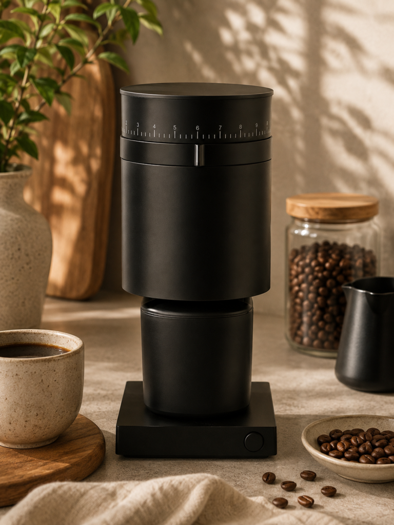 Fellow Opus coffee grinder styled in a warm, modern home coffee station, with the product as the focal point in an inviting lifestyle setting.