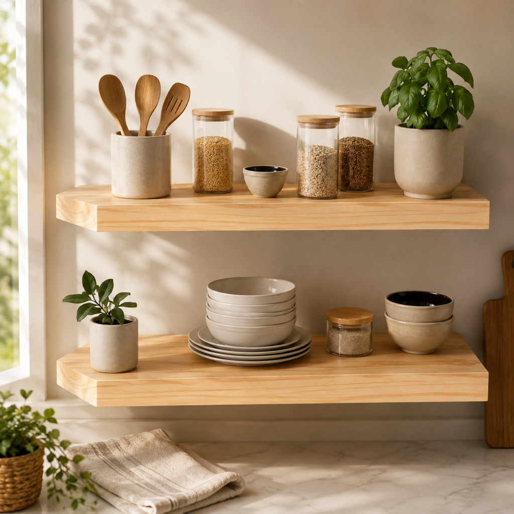 Warm, sunlit kitchen with natural wood floating shelves styled with ceramic dishes, glass storage jars, wooden utensils, and green potted plants.