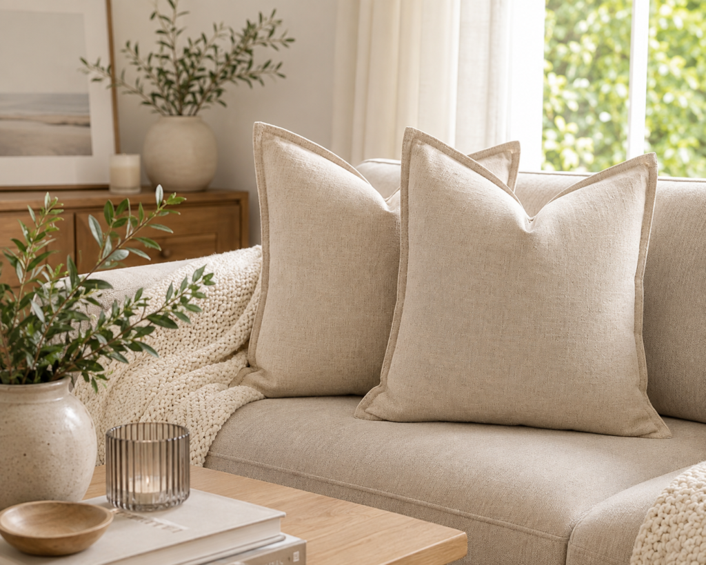 Foindtower Linen Solid Decorative Throw Pillow Covers The linen pillow covers are styled naturally in a serene, Scandinavian-inspired living room.