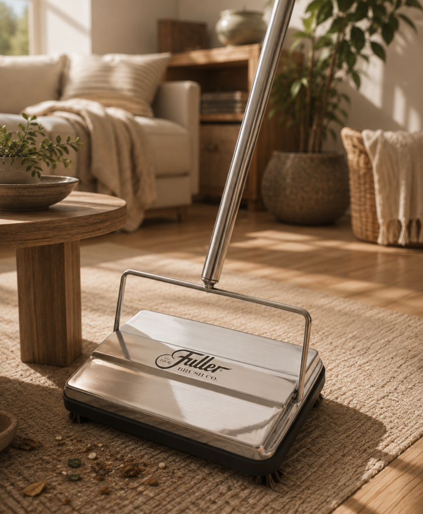 Fuller Brush manual floor sweeper with rotating bristle brushes and metal handle