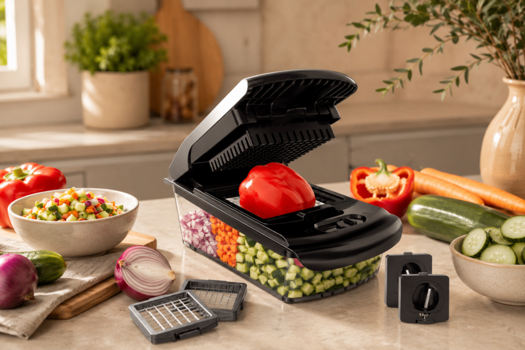 Black vegetable chopper surrounded by freshly chopped colorful vegetables in a bright kitchen