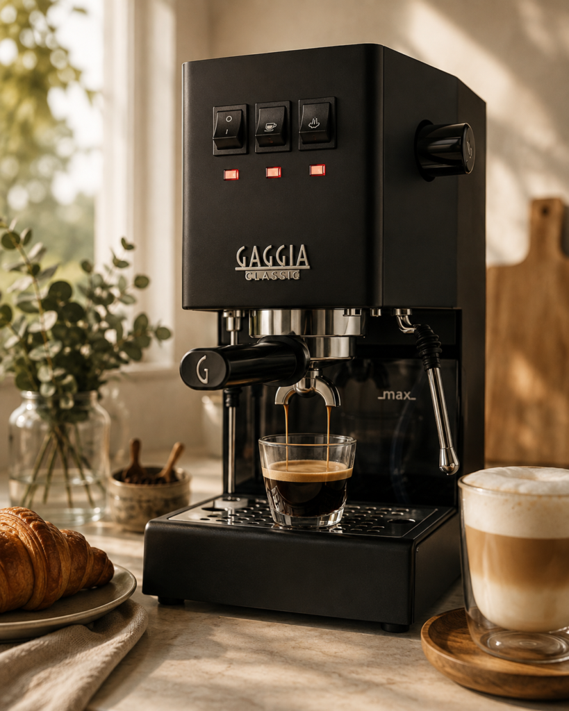Gaggia Classic Evo Pro Espresso Machine Gaggia Classic espresso machine brewing fresh espresso in a warm, sunlit kitchen, styled with a creamy latte, croissant, greenery, and natural wood accents for a cozy home café atmosphere.