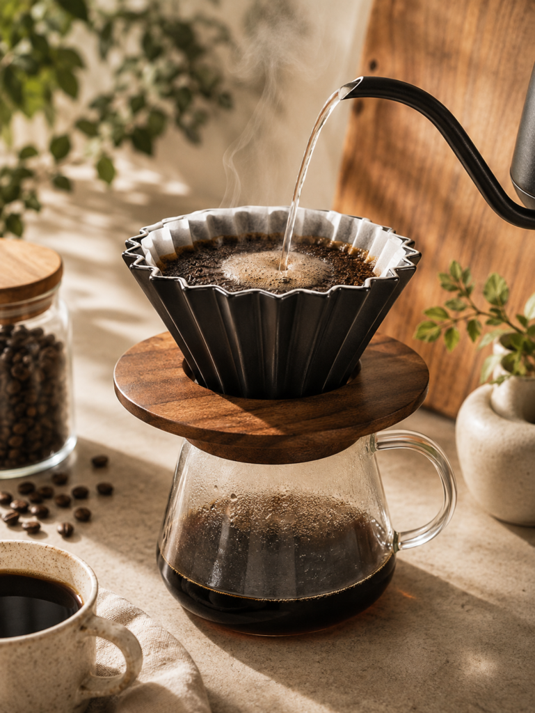 Black ceramic pour-over coffee dripper with a warm wooden collar, brewing fresh coffee into a clear glass carafe as hot water pours from a gooseneck kettle in a cozy, sunlit kitchen.