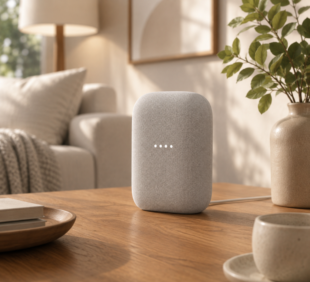 Google Nest Audio (3-Pack) Smart Speakers Google Nest Audio smart speaker in a soft gray finish, styled on a warm wooden table in a sunlit, cozy living room with greenery and neutral décor.