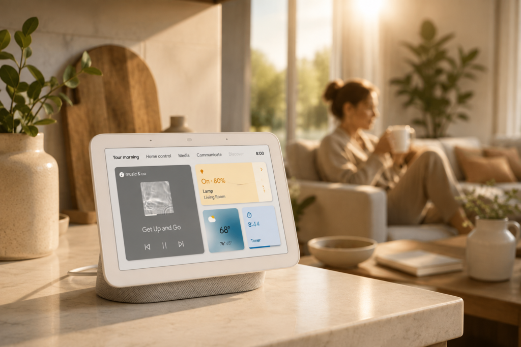 Google Nest Hub 2nd Gen smart display on a kitchen counter in a warm, modern home, with a woman relaxing in the background.