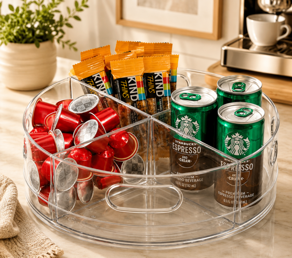 The product is presented as an inviting everyday coffee-and-snack station in a cozy kitchen setting
