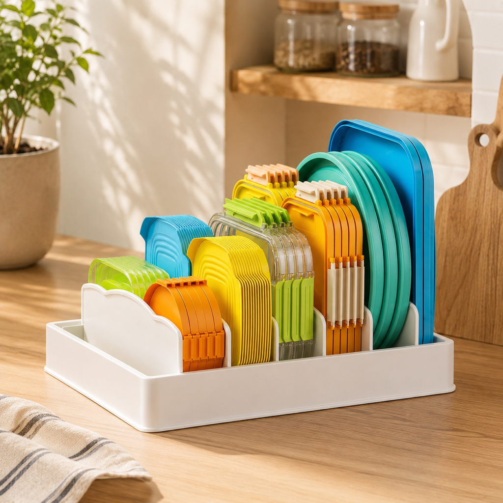 Lifewit Kitchen Cabinet Organizer for Food Contanier Lid with 7 Sections The organizer is styled as a cheerful, aspirational kitchen-storage solution that feels easy to imagine at home.