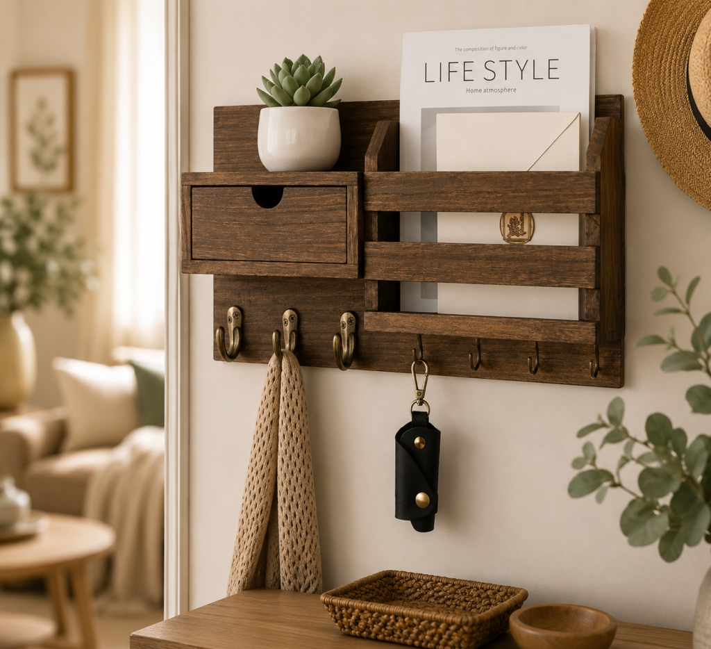 The image turns the wooden key-and-mail organizer into a cozy, aspirational entryway moment that feels natural in everyday life.