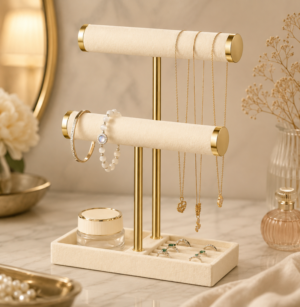 The jewelry organizer is styled as an elegant vanity centerpiece with a refined, aspirational feel.