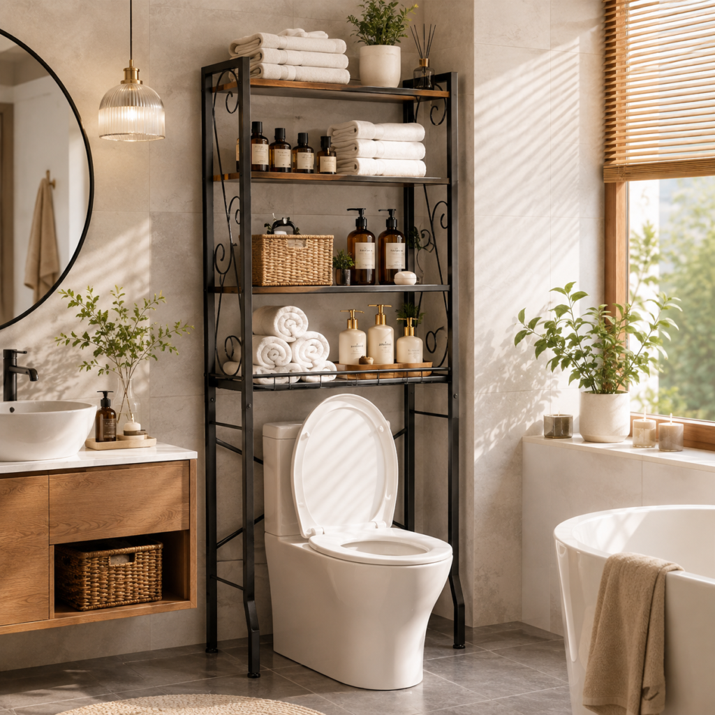 The cover turns the over-the-toilet rack into an inviting, spa-like bathroom storage moment.