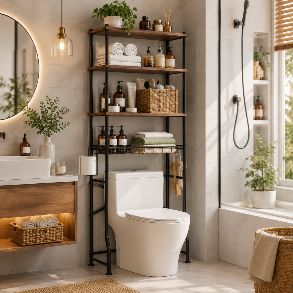 A cozy, aspirational bathroom scene turns the over-the-toilet storage rack into the focal point of an inviting everyday space.