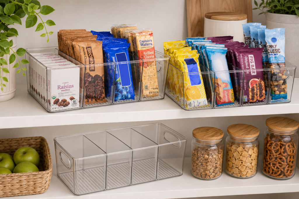Pantry Organizers and Storage and Cabinet Organizer A bright, inviting pantry scene makes the clear divided organizers feel practical yet beautifully integrated into everyday life.