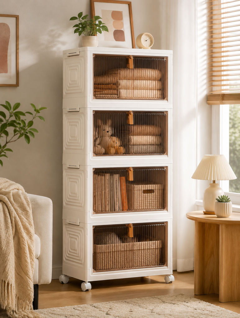 A cozy, sunlit lifestyle scene now presents the storage cabinet naturally in a welcoming home setting.
