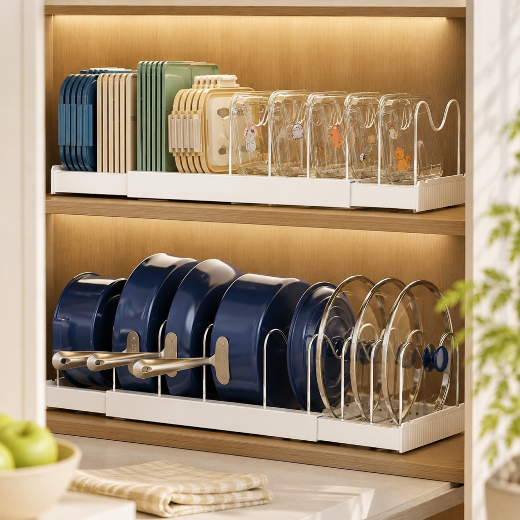 Pots and Pans Organizer The organizer is styled in a welcoming, lived-in kitchen that makes tidy cookware storage feel effortless and aspirational.