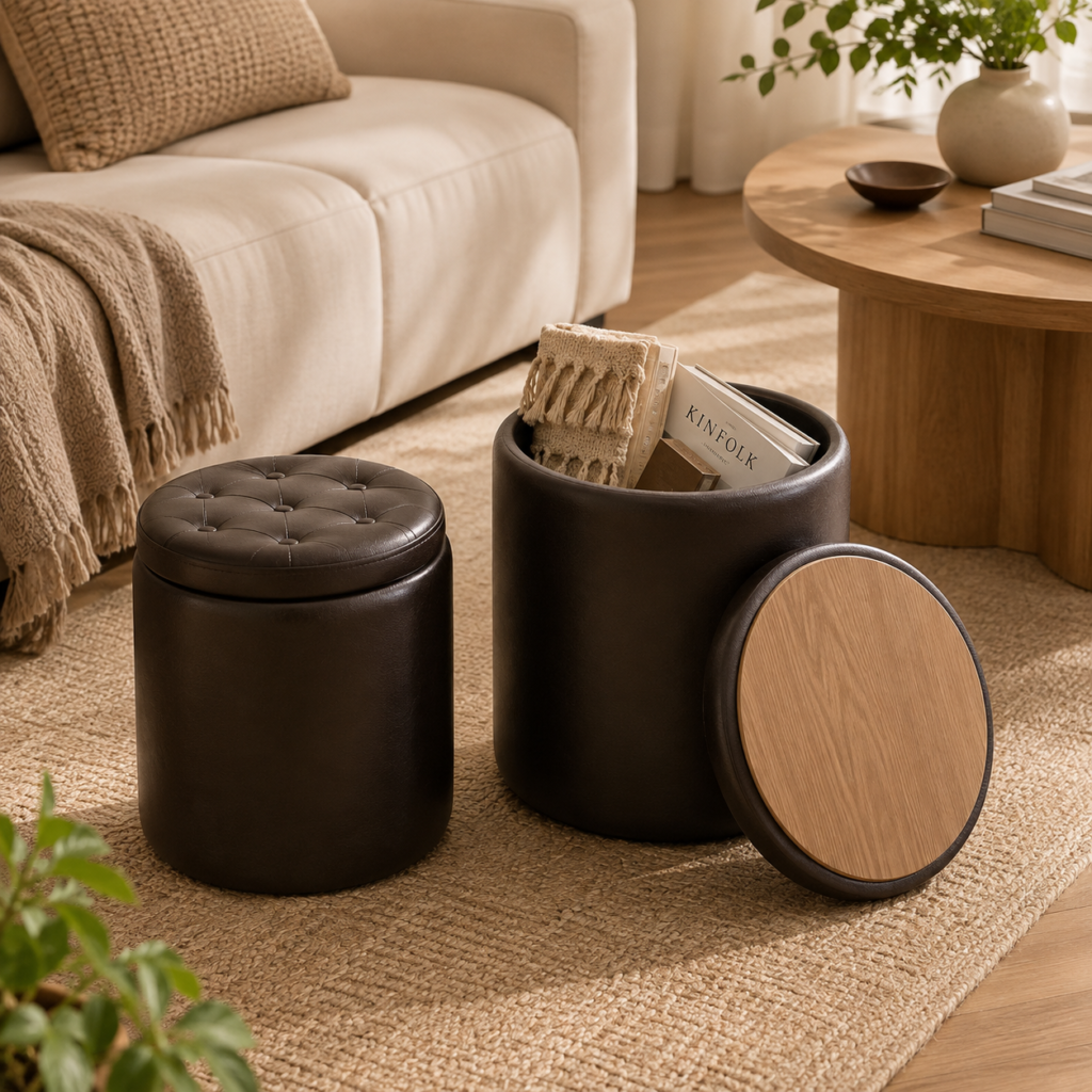 The cover places the dark brown storage ottomans in a refined, lived-in living room with a calm, aspirational feel.