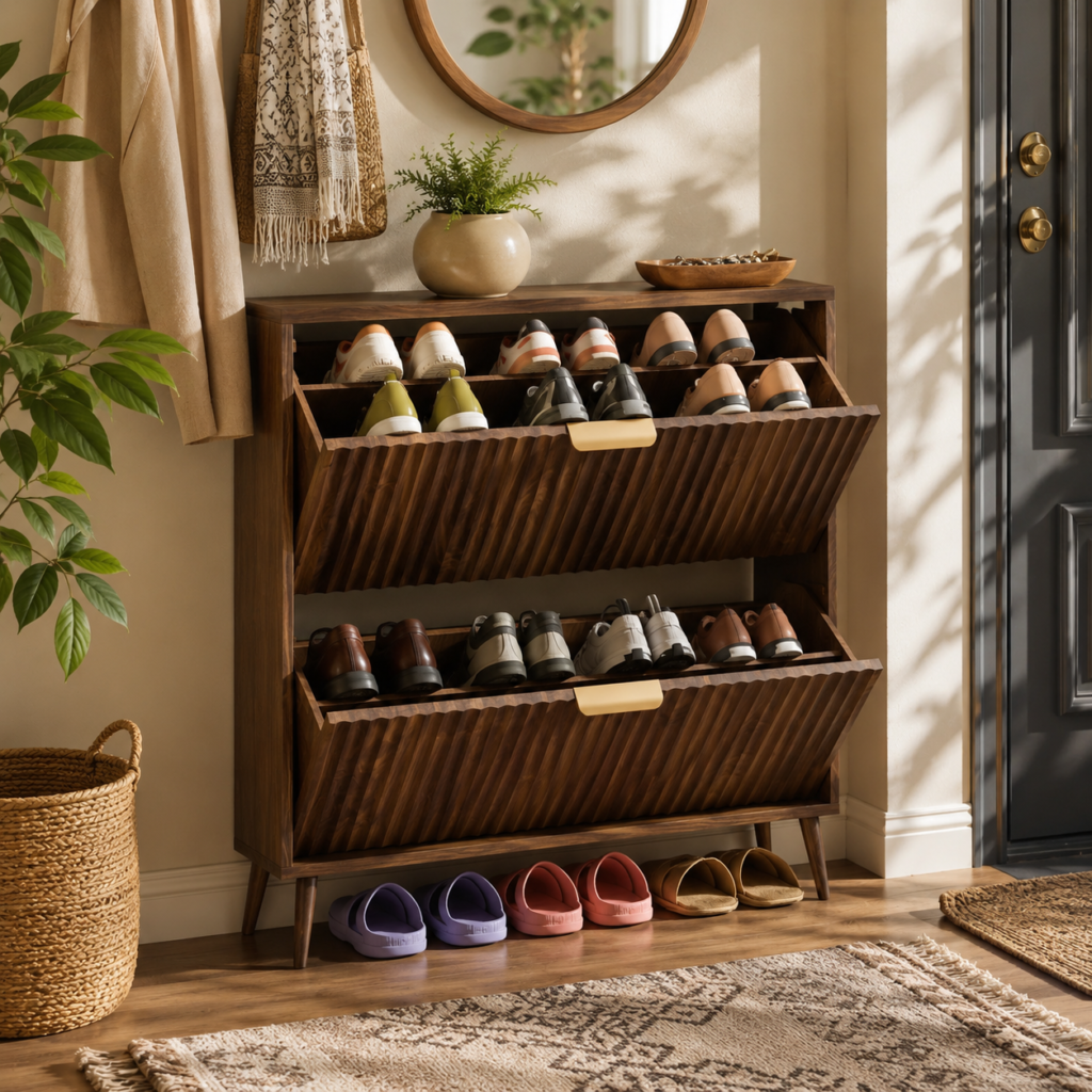 warm, stylish entryway featuring a walnut fluted shoe storage cabinet filled with neatly arranged shoes, illuminated by soft natural sunlight, with greenery and an umbrella stand creating an inviting organized-home aesthetic.