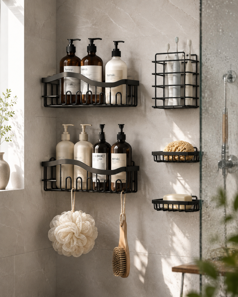 Shower caddy The image turns the organizer into a refined, spa-like bathroom feature while keeping the product at the center.