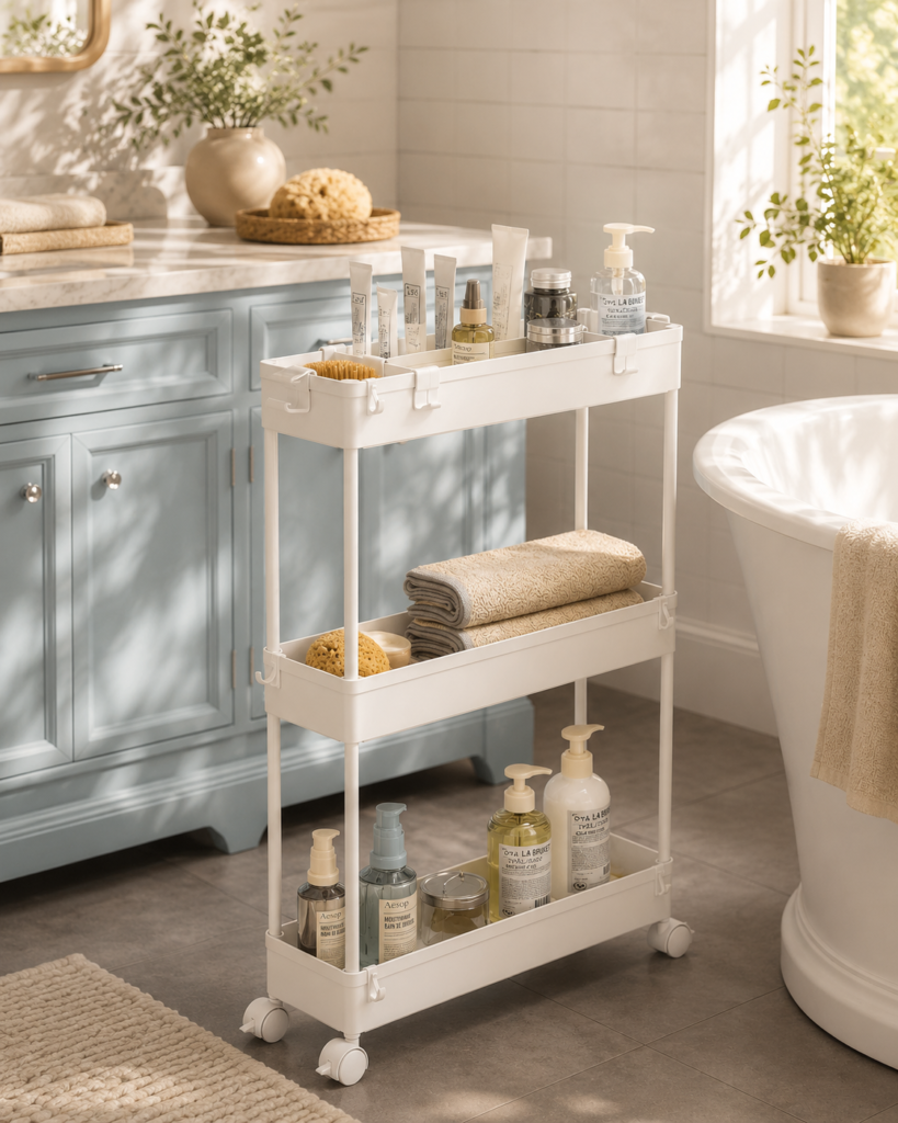 Slim Storage Cart 3 Tier,Bathroom The image presents the rolling bathroom cart in a calm, inviting spa-inspired setting.