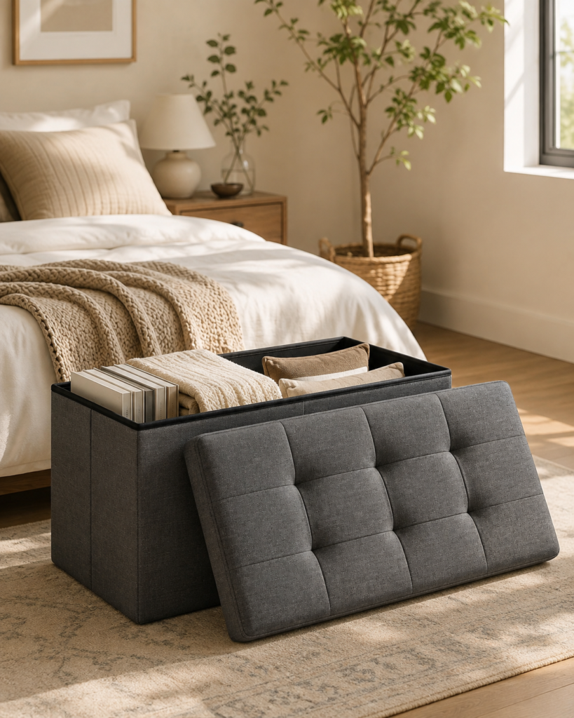 A calm, aspirational bedroom scene now showcases the gray tufted storage ottoman as part of an inviting everyday space.
