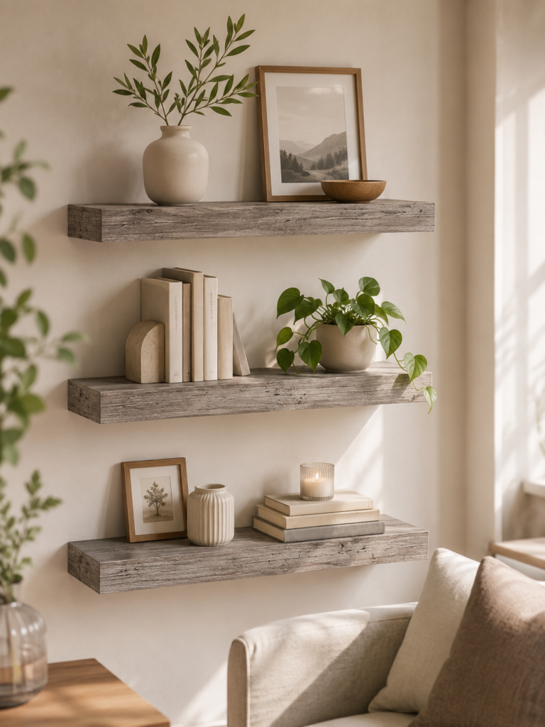 The cover presents the floating shelves in a calm, lived-in home setting with an aspirational, text-free feel.