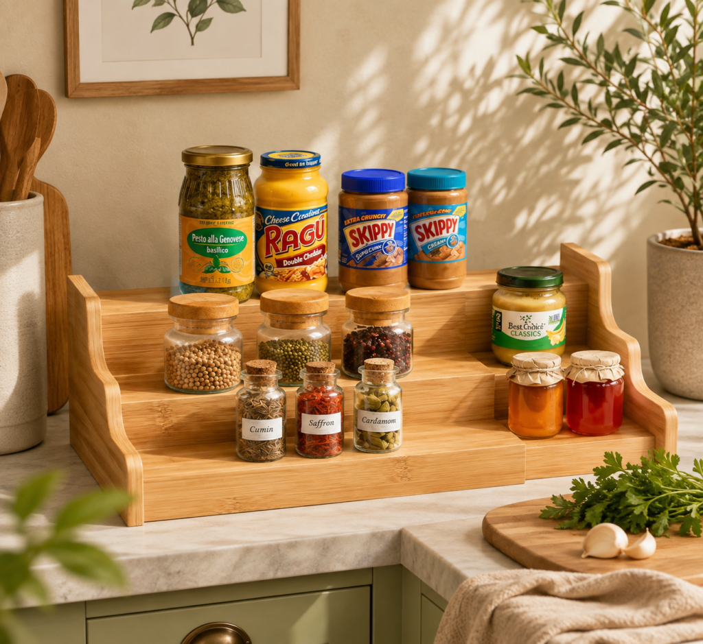 Spice Rack Kitchen Cabinet Organizer The image presents the bamboo tiered pantry organizer as an inviting, lived-in kitchen feature.