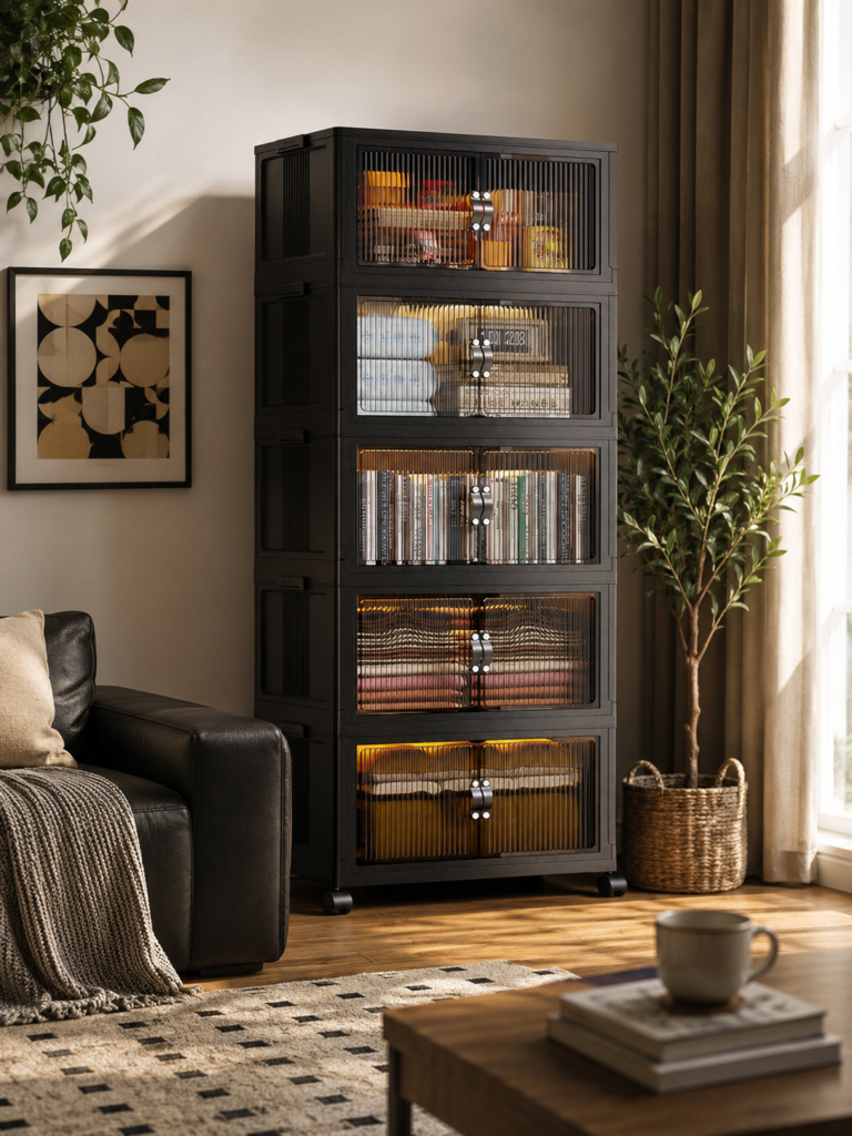 A refined lifestyle cover places the storage cabinet naturally within a cozy, design-conscious living space while keeping the product as the focal point.