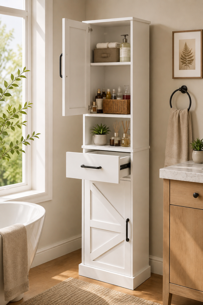 The cover places the white storage cabinet in a serene, lived-in bathroom setting that feels practical and aspirational.
