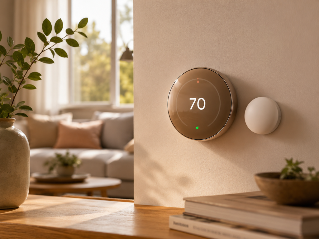 The thermostat and sensor are naturally integrated into a calm, lived-in neutral interior.