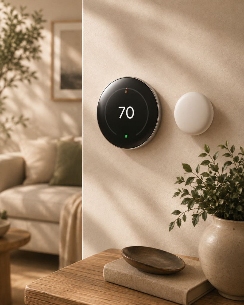 Google Nest Learning Thermostat with Nest Temperature Sensor mounted on a warm neutral wall