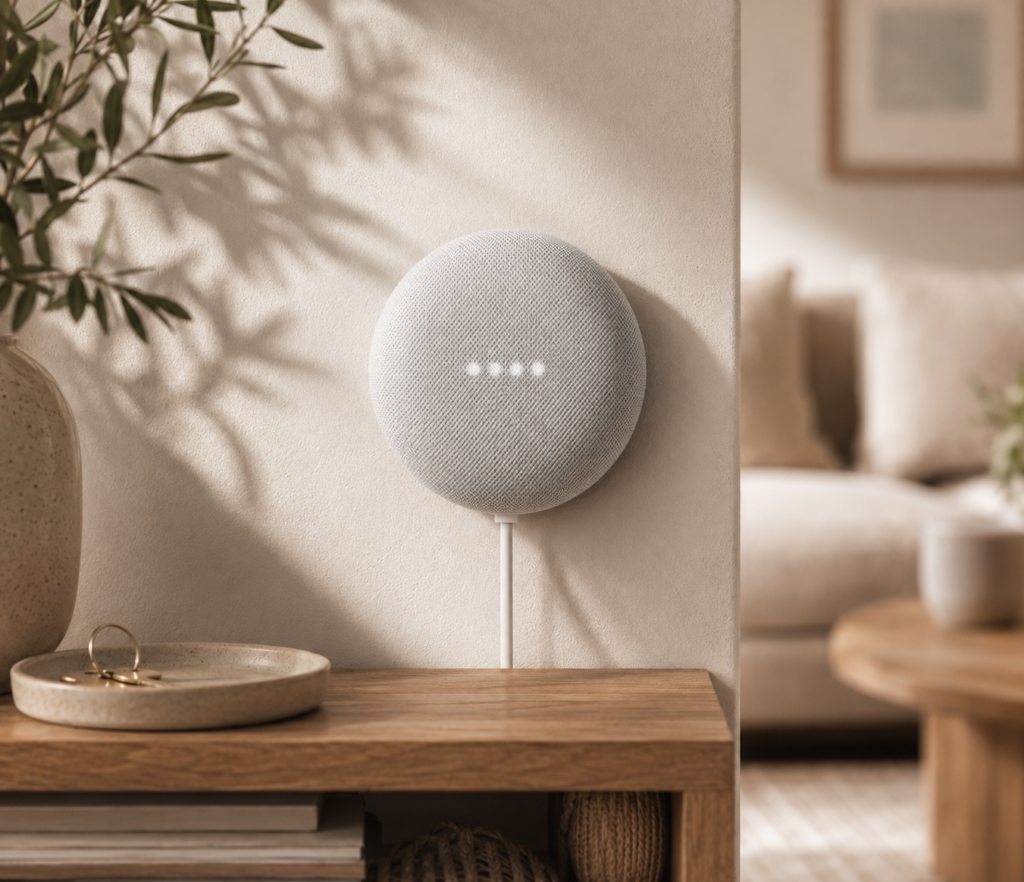 Google Nest Mini 2nd Gen Google Nest Mini smart speaker in a white fabric finish displayed on a minimalist side table in a warm, cozy home interior.