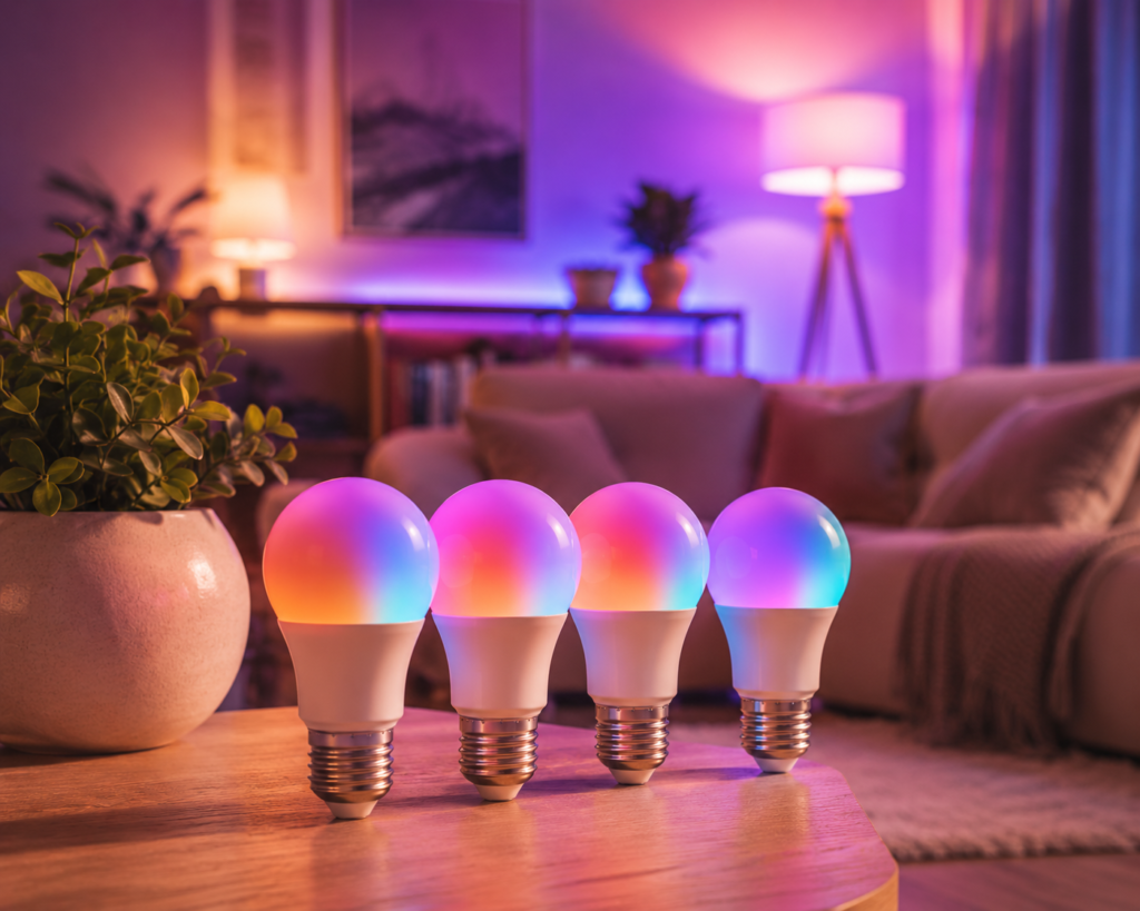 Govee Smart Light Bulbs Four Govee smart LED light bulbs glowing in colorful pink, purple, blue, and orange tones on a wooden table in a cozy modern living room, creating an inviting smart-home atmosphere.