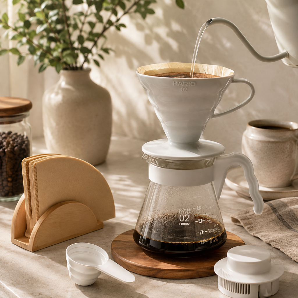 Hario V60 pour-over coffee starter set brewing fresh coffee in a sunlit kitchen, featuring a white dripper, glass carafe, paper filters, measuring scoop, and accessories arranged on a warm wooden countertop.
