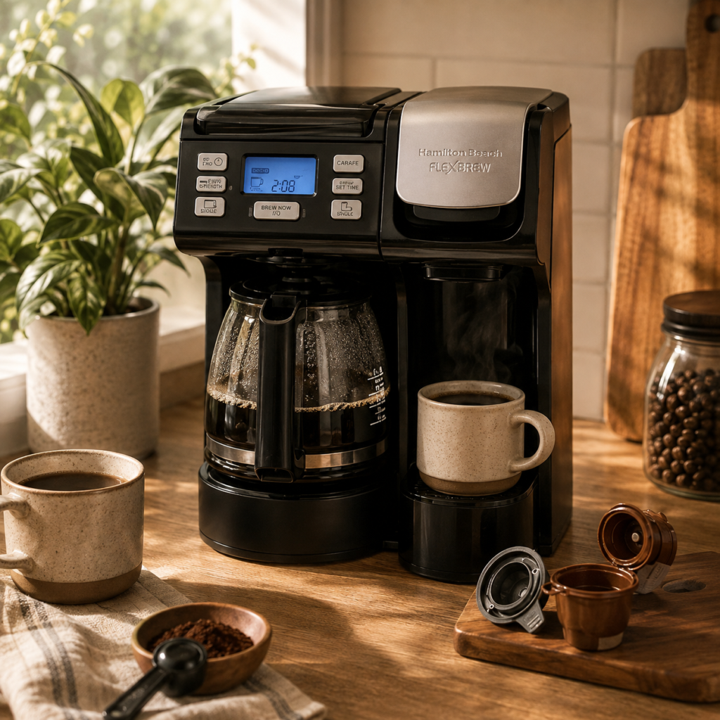 Hamilton Beach FlexBrew coffee maker on a warm wooden kitchen counter, with a glass carafe, fresh coffee mug, coffee beans, and brewing accessories in a cozy, sunlit setting.