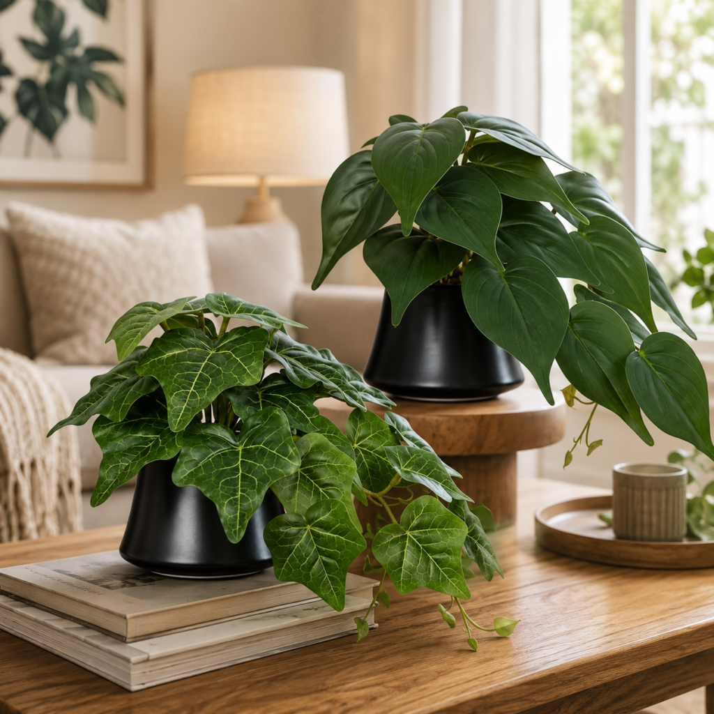 A cozy, aspirational living-room scene now showcases the plants as natural home décor.