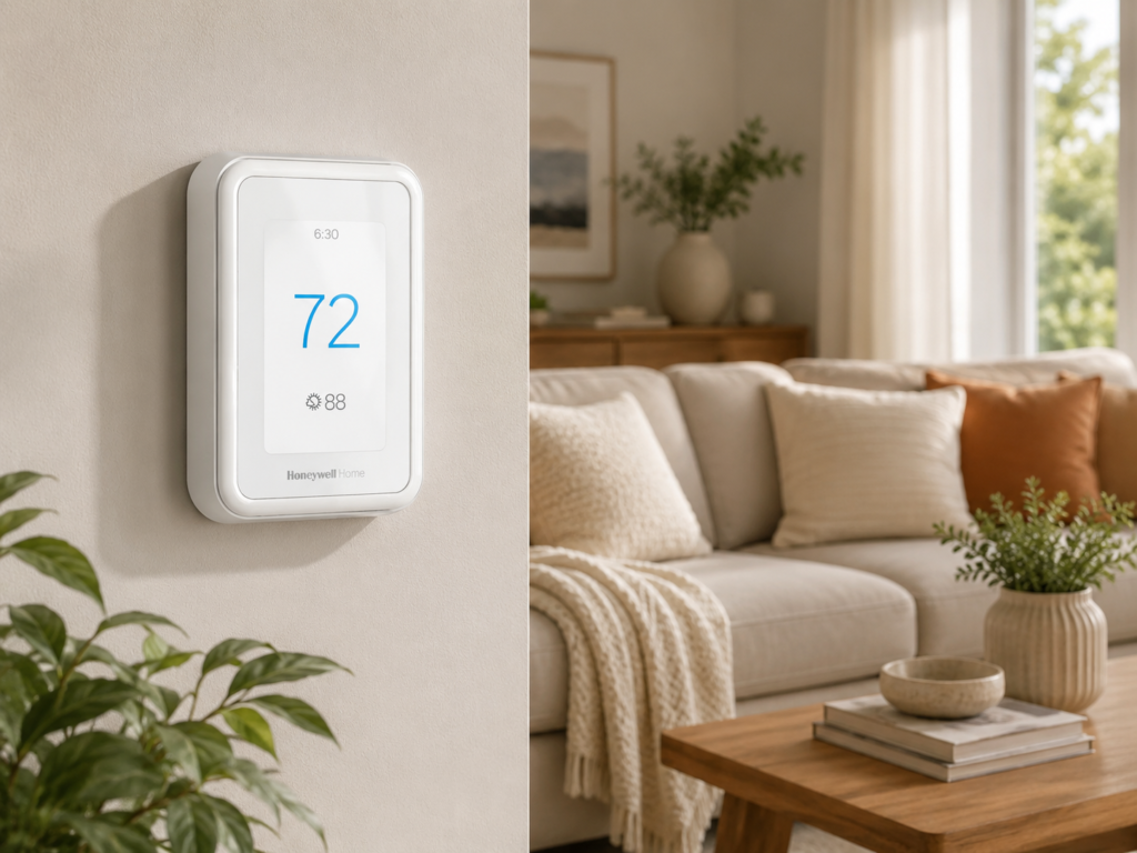 The thermostat is styled naturally in a calm, inviting living room that feels lived-in and aspirational.