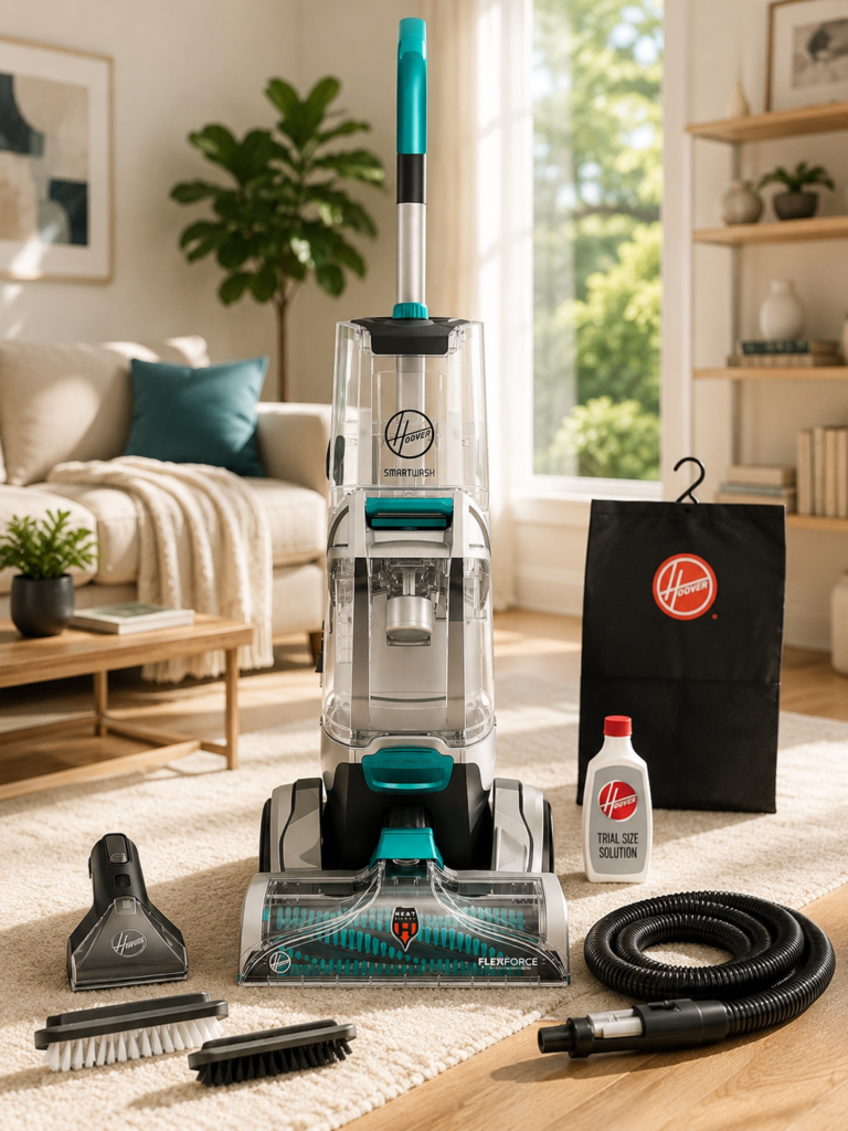 The cover places the Hoover SmartWash cleaner naturally in a bright, inviting living space with its accessories ready to use.