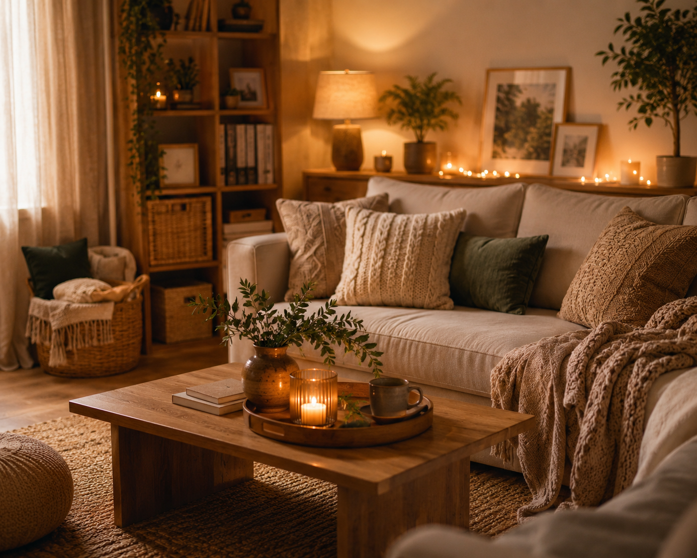 A cozy, inviting living room scene captures the approachable comfort and layered style of the post.